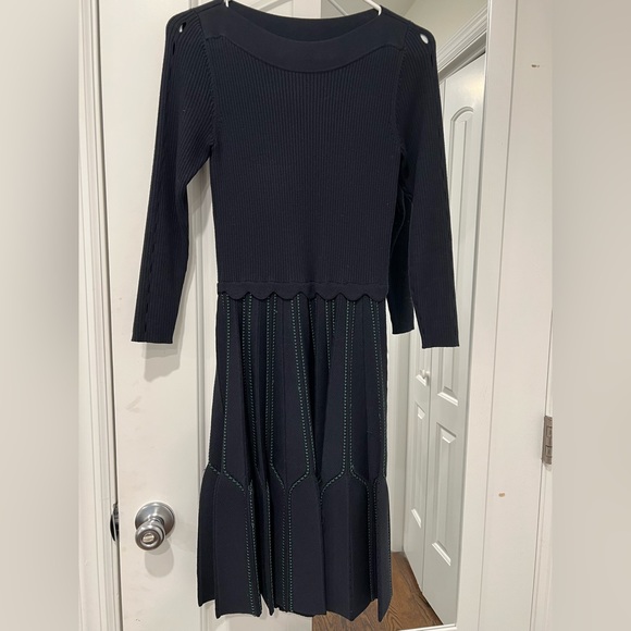 Sandro Paris Navy Embroidered Fit and Flare Dress - Picture 1 of 5